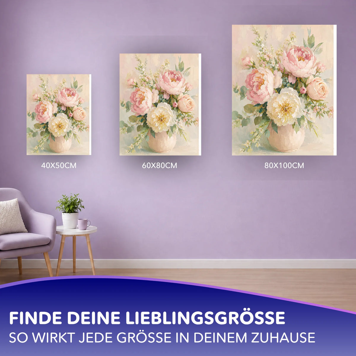 Malen nach Zahlen für Erwachsene: Blumenstrauß mit Pfingstrosen in verschiedenen Leinwandgrößen zur Wanddekoration