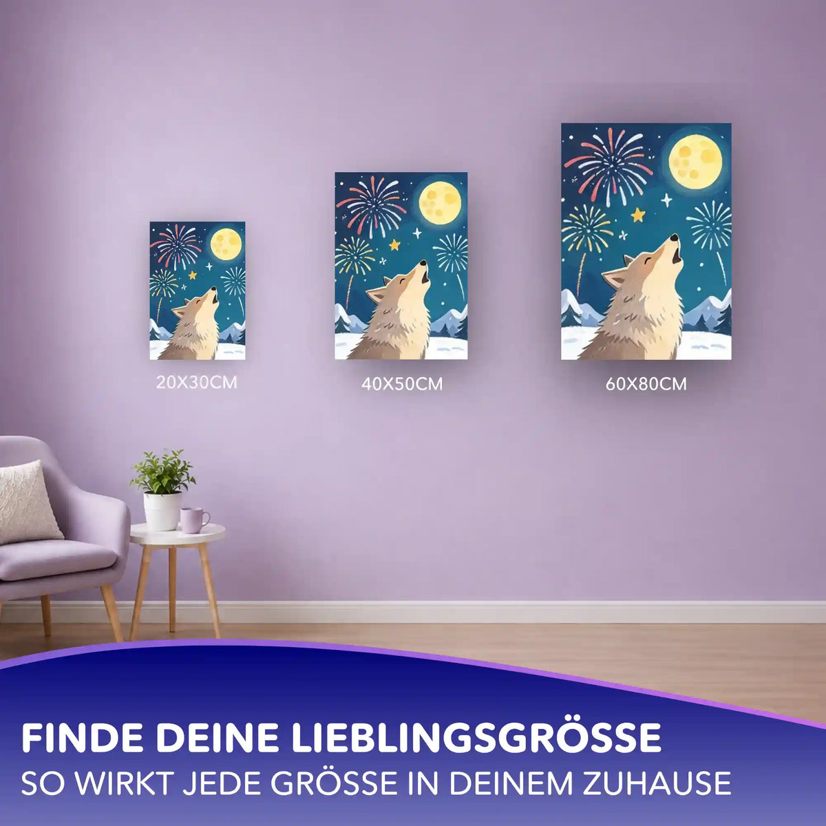 Malen nach Zahlen Wolf mit Vollmond und Feuerwerk in drei Größen (20x30, 40x50, 60x80 cm) an lila Wand