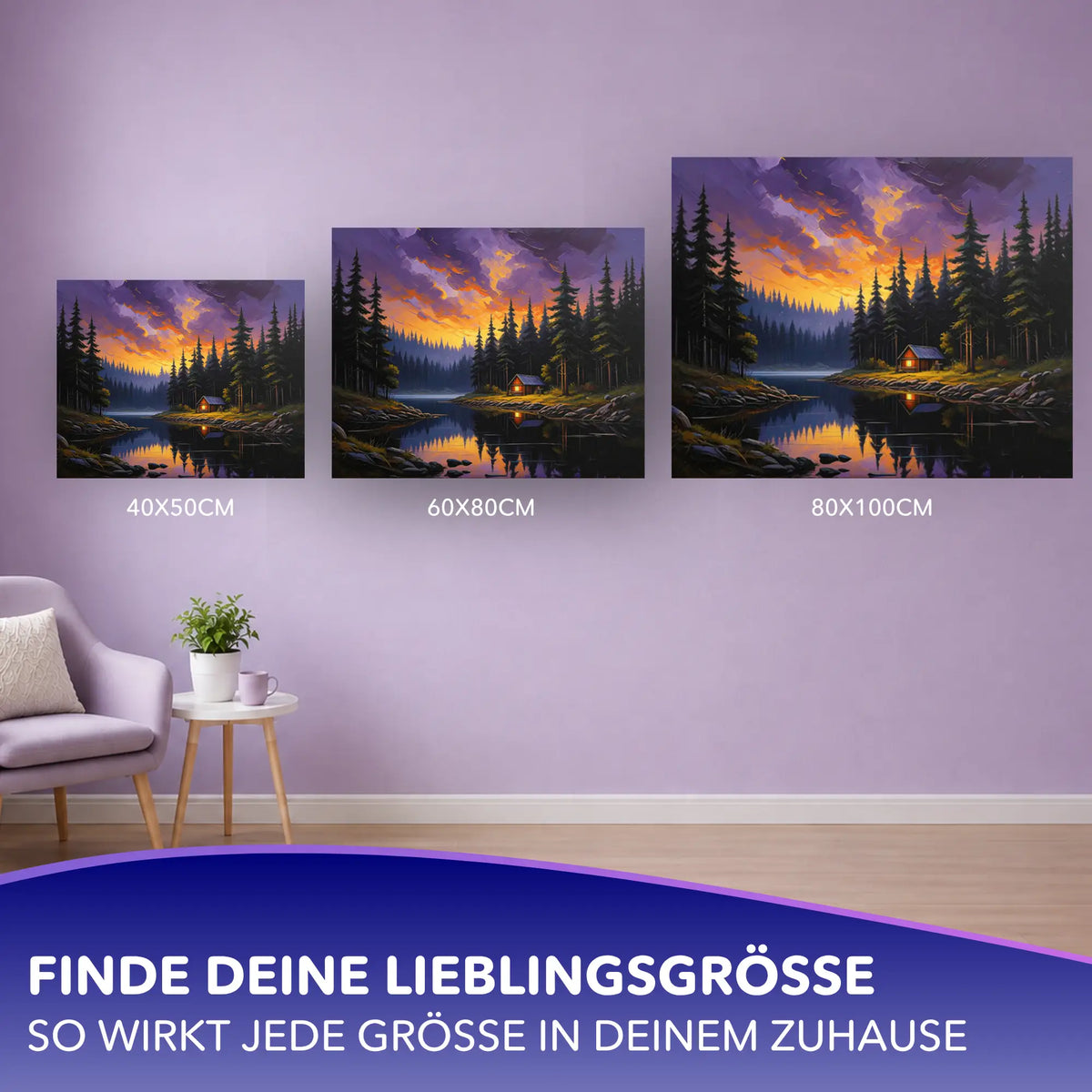 Malen nach Zahlen für Erwachsene: Motiv Stille am Waldsee in drei verschiedenen Größen an einer Wand präsentiert.