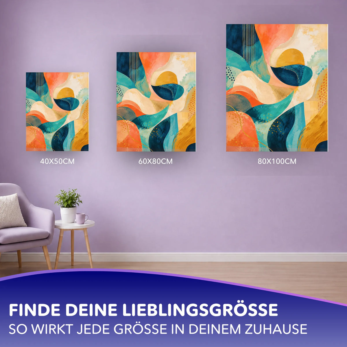 Malen nach Zahlen für Erwachsene: Abstraktes Kunstwerk mit blau-roten Wellenformen in drei verschiedenen Leinwandgrößen.