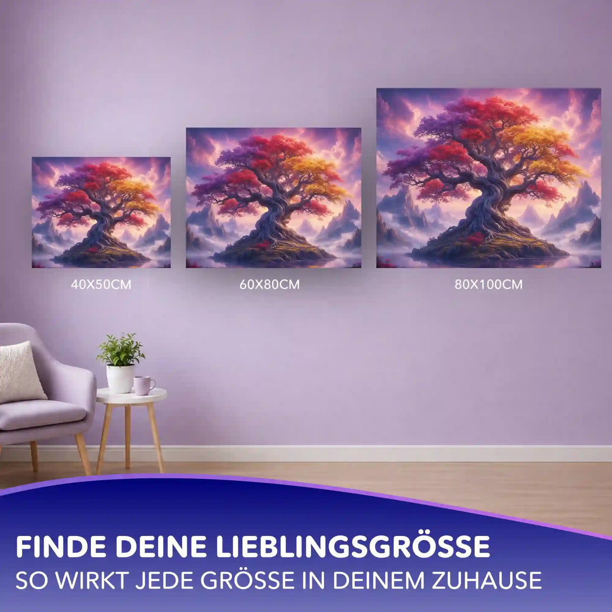 Malen nach Zahlen Erwachsene Magischer Lebensbaum: Größenvergleich 40x50cm, 60x80cm und 80x100cm