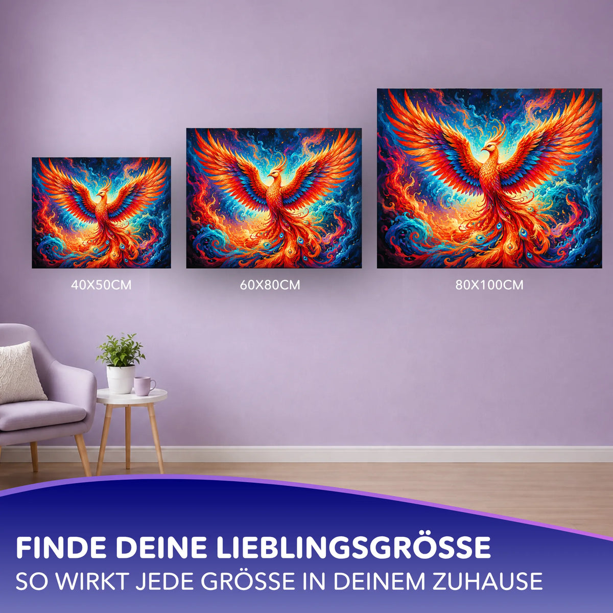 Malen nach Zahlen Phönixfeuer in verschiedenen Größen an einer Wand für Erwachsene präsentiert.
