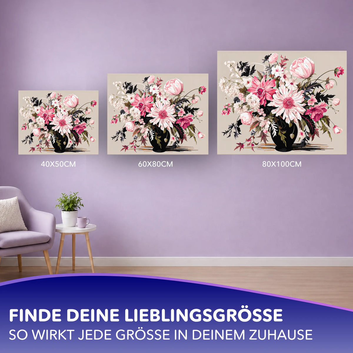Malen nach Zahlen für Erwachsene: Anmut der Blüten als Blumenstrauß in verschiedenen Größen zur Wandgestaltung.