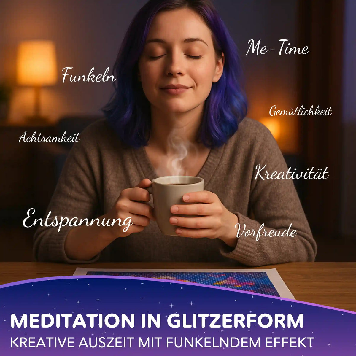 Entspannte Frau mit Tasse genießt Me-Time beim Diamond Painting – Meditation in Glitzerform, kreative Auszeit
