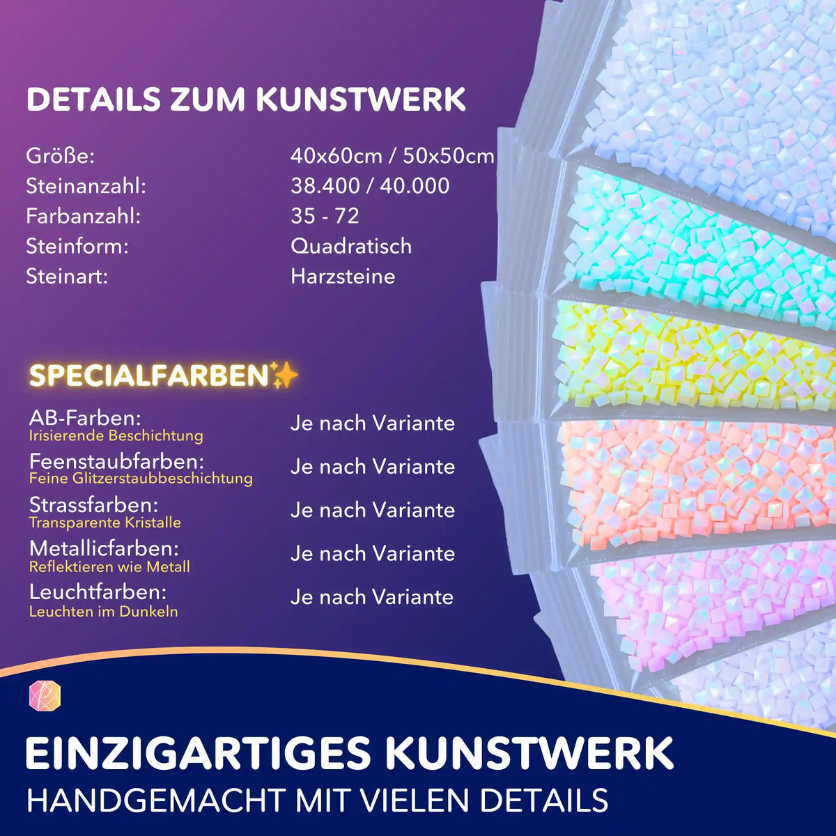 Diamond Painting Mystery Set mit quadratischen Harzsteinen in bunten Spezialfarben für kreative DIY-Kunstwerke.