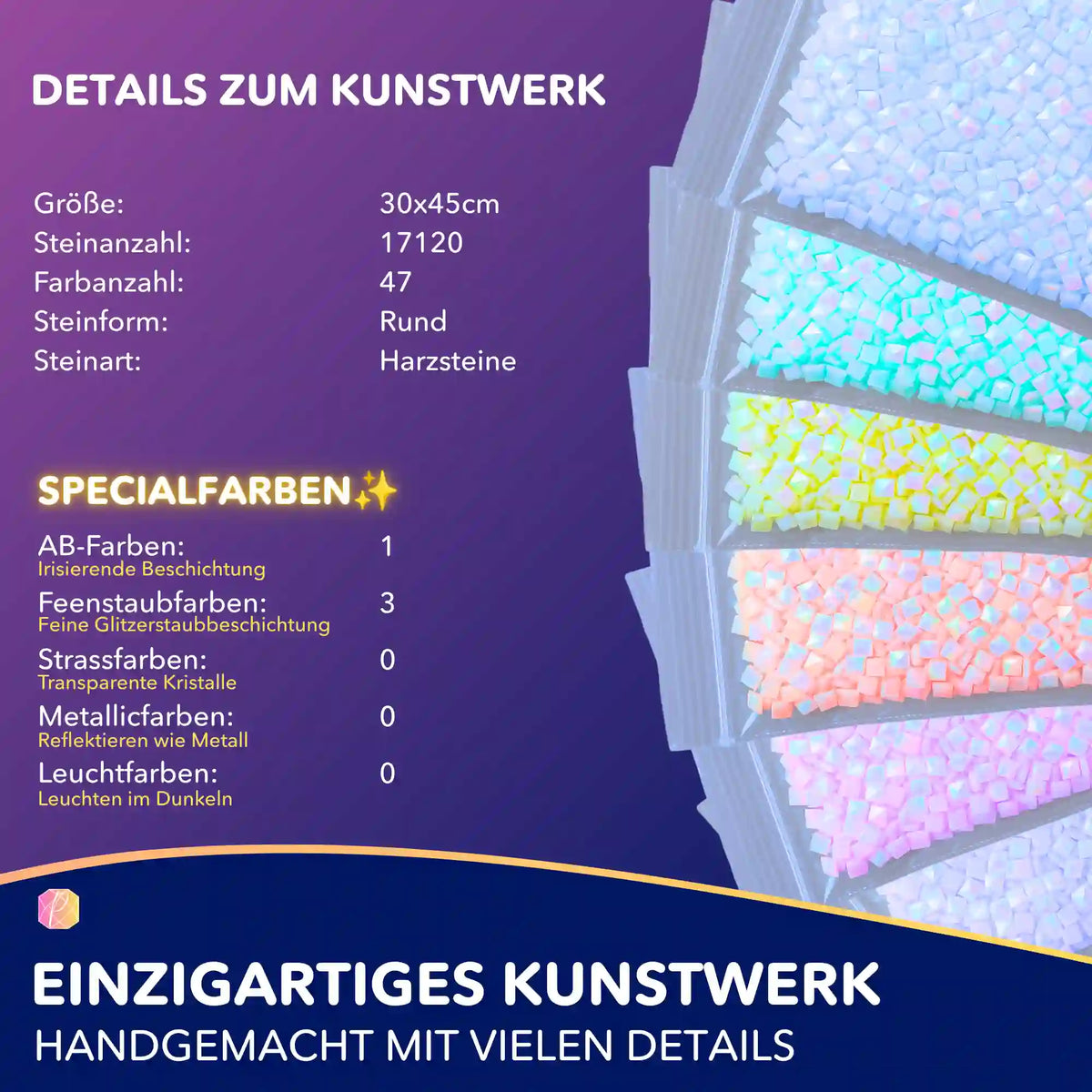 Diamond Painting Set Pippa: Details zu Harzsteinen, runden Steinen und Spezialfarben für das Bastelprojekt.