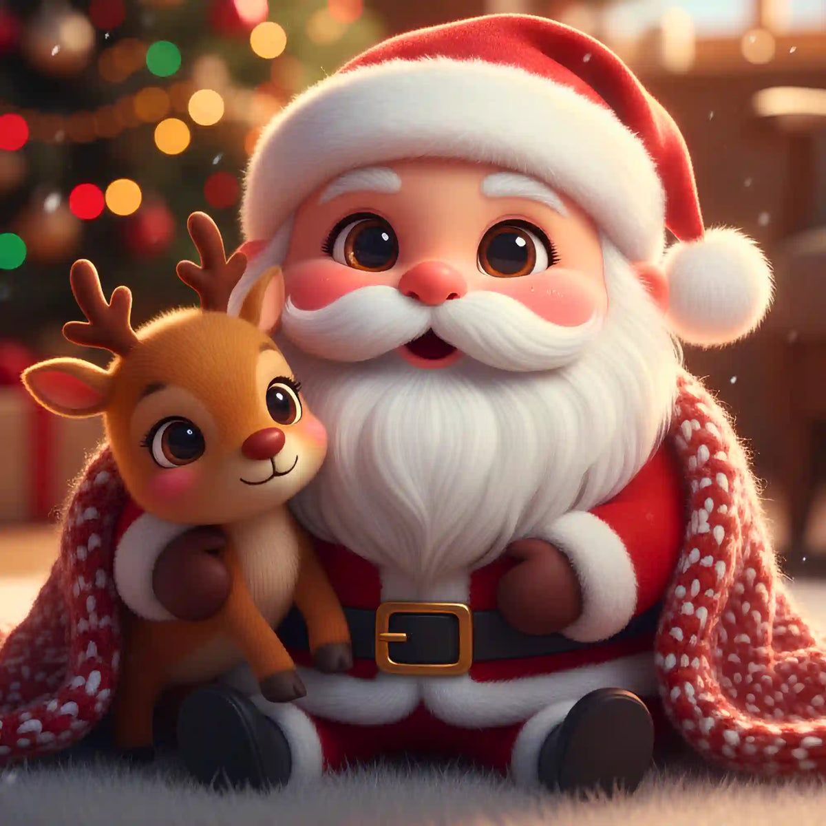 Diamond Painting Set Weihnachtsmann und Rentier in kuscheliger Decke vor leuchtendem Weihnachtsbaum