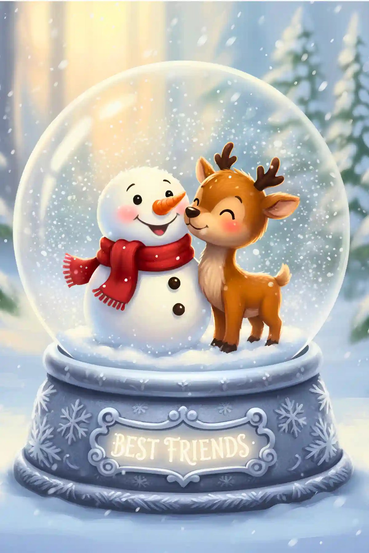 Diamond Painting Set Best Friends: Niedliches Rentier und Schneemann in einer winterlichen Schneekugel.