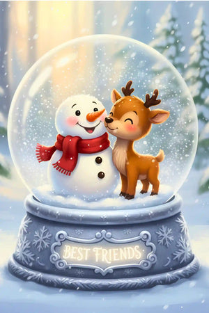 Diamond Painting Set Best Friends: Niedliches Rentier und Schneemann in einer winterlichen Schneekugel.