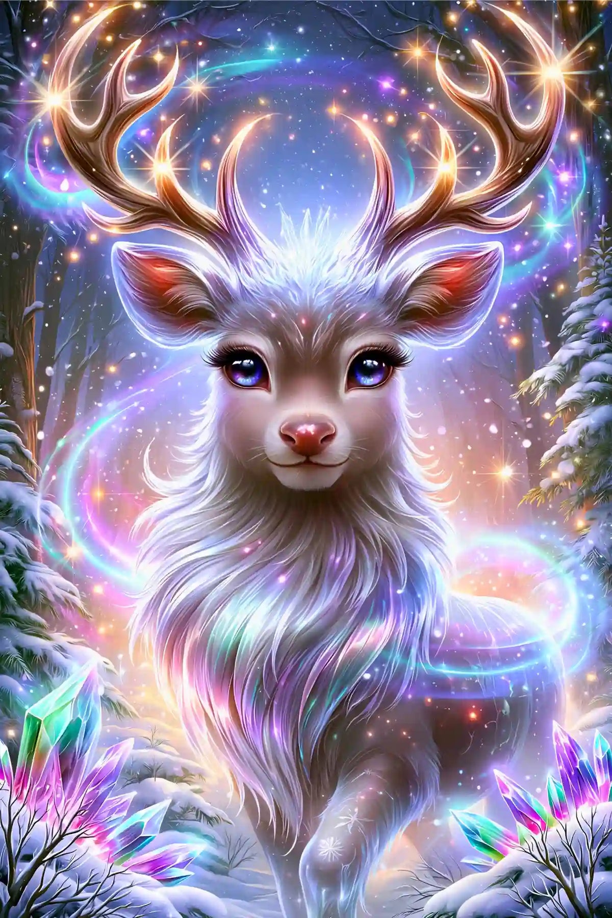 Diamond Painting Set Magie des Winterwaldes mit einem magischen Rentier, glitzernden Kristallen und leuchtenden Polarlichtern