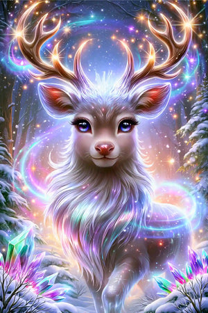 Diamond Painting Set Magie des Winterwaldes mit einem magischen Rentier, glitzernden Kristallen und leuchtenden Polarlichtern