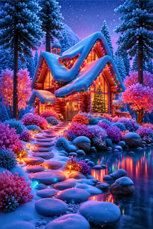 XXL Diamond Painting eines magischen Winterwaldes mit beleuchteter Holzhütte, Weihnachtsbaum und verschneitem Pfad am Teich