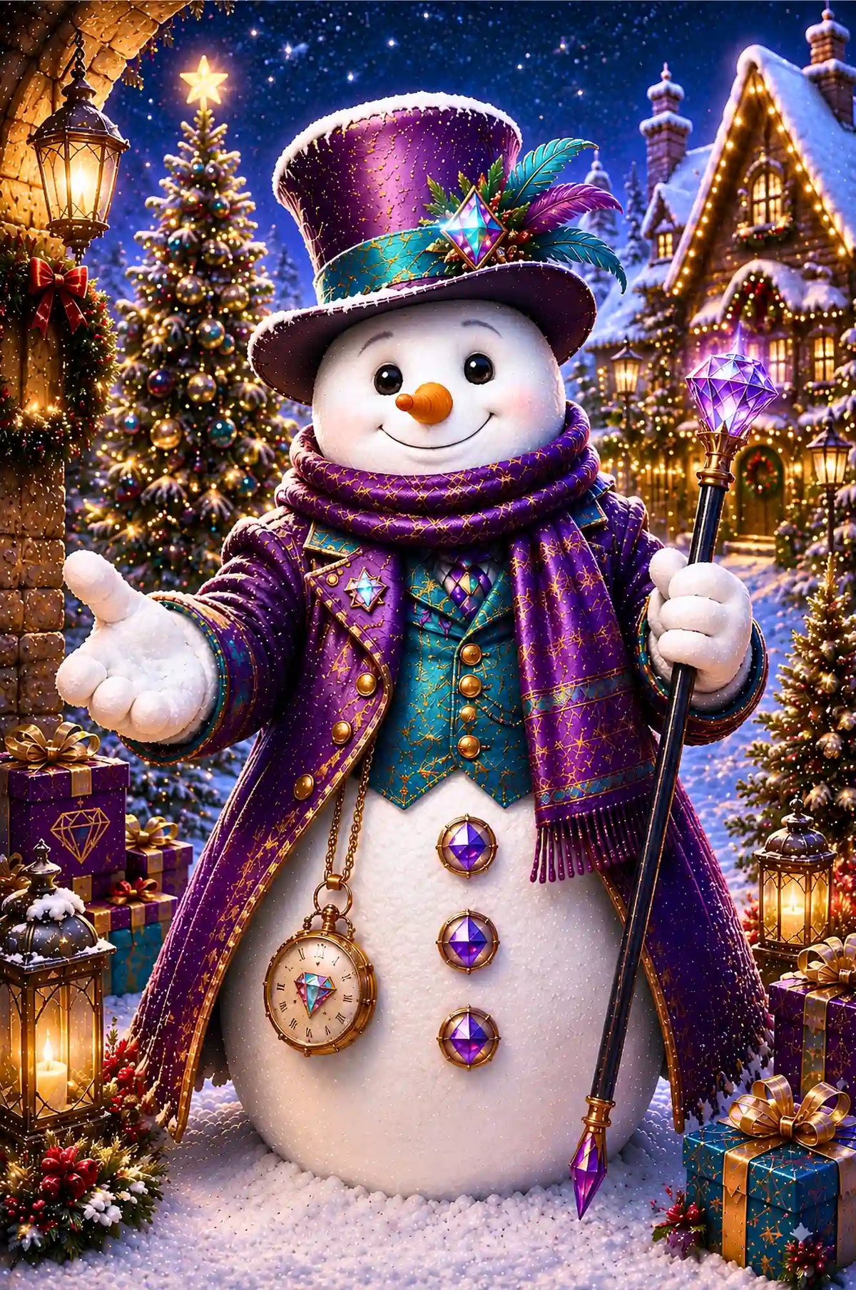 Diamond Painting Set Winterzauber mit magischem Schneemann, Weihnachtsstimmung und glitzernden Details in einer Winterlandschaft