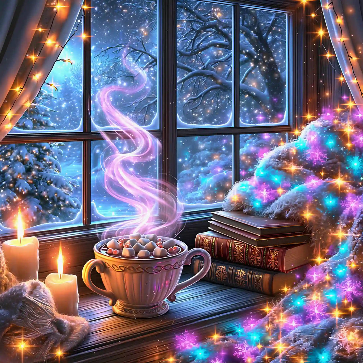 Diamond Painting Set Weihnachtszauber mit dampfender Tasse, Büchern und verschneitem Winterfenster in magischem Licht