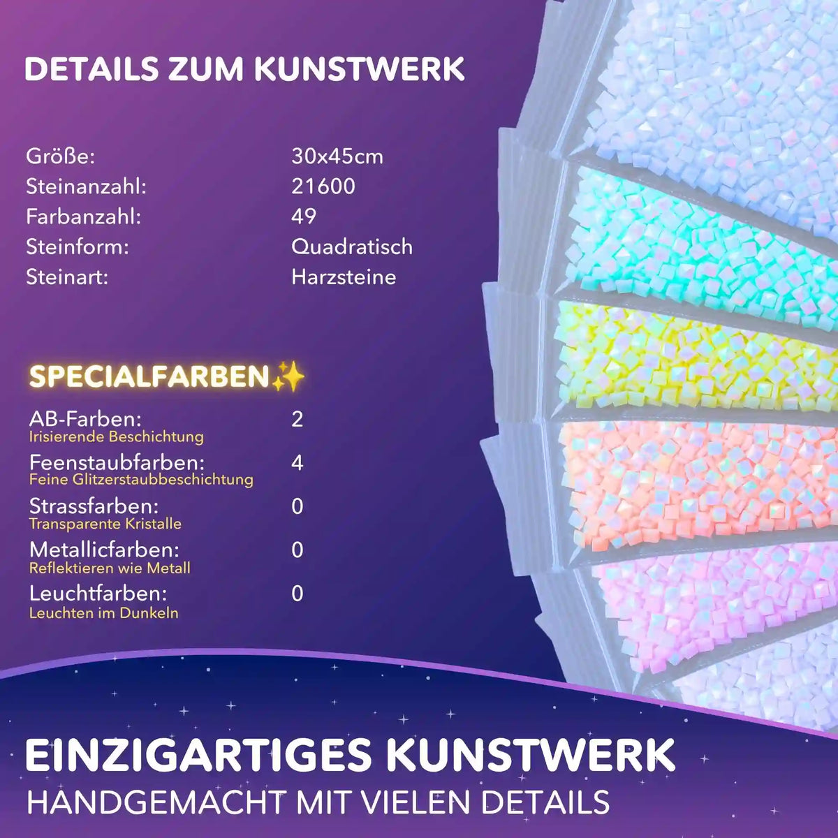 Picmondoo Diamond Painting Tavi: Details zu eckigen Harzsteinen, 49 Farben mit AB- und Feenstaub-Effekt.