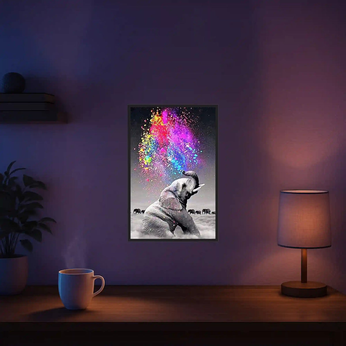 Diamond Painting Elefant Farbenspiel mit bunten Farbspritzern als dekoratives Wandbild im Wohnzimmer
