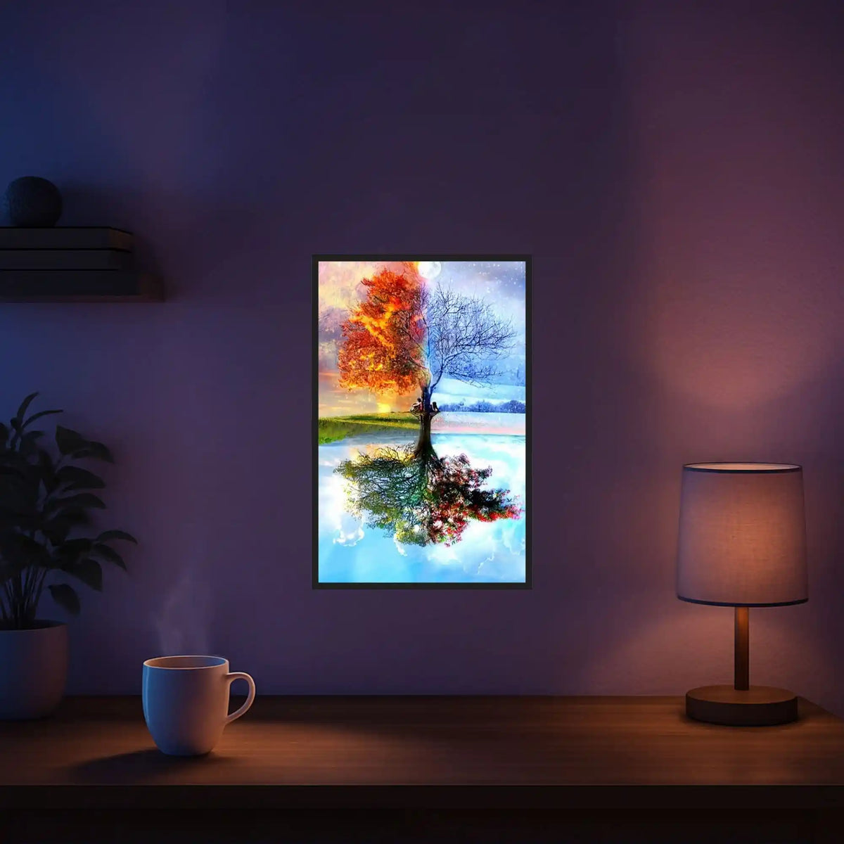 Diamond Painting Set Baum der 4 Jahreszeiten als Wandbild mit bunten, glitzernden Steinchen im Wohnzimmer