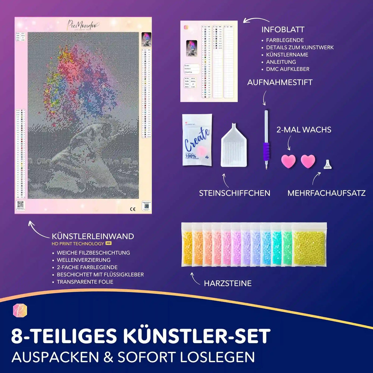 Diamond Painting Set Elefant Farbenspiel mit Leinwand, bunten 5D Steinen und Werkzeug für kreatives DIY-Basteln