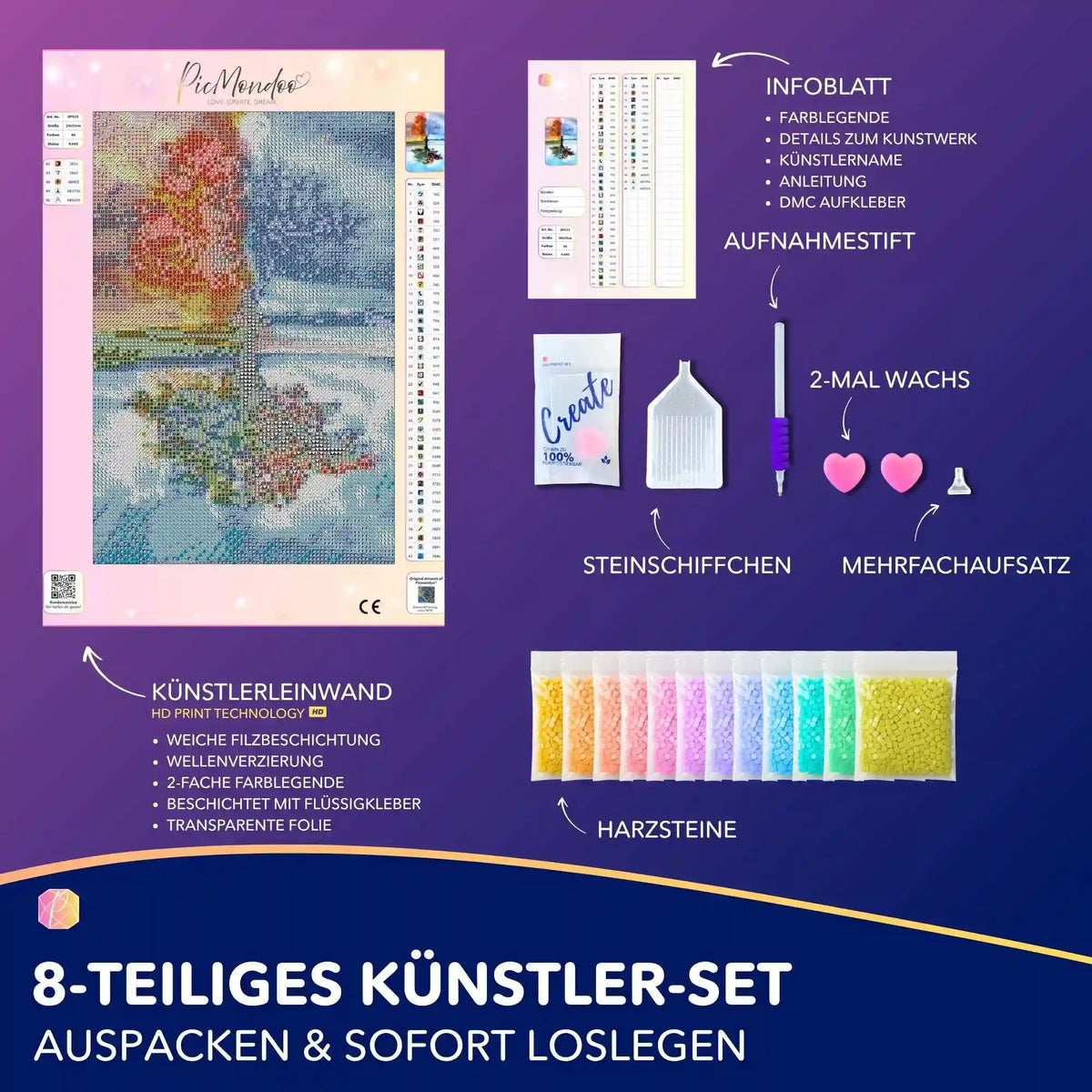 Diamond Painting Set Baum der 4 Jahreszeiten mit Leinwand, bunten Harzsteinen und Zubehör für DIY-Kunstwerke