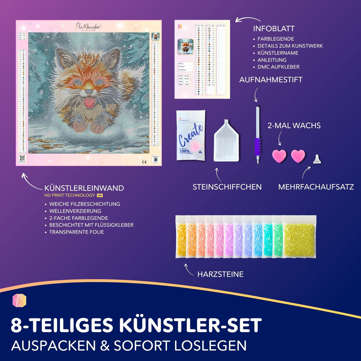 Diamond Painting Set kleiner Fuchs im Winterwald mit hochwertigem Zubehör, Leinwand und bunten Glitzersteinen