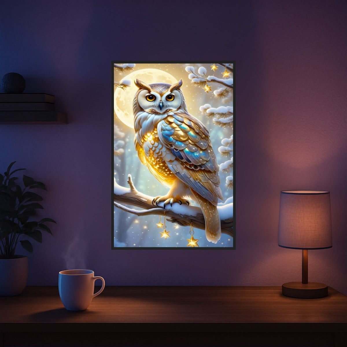 Diamond Painting Goldene Schneeeule auf verschneitem Ast im Mondlicht für winterliches DIY-Kunstwerk