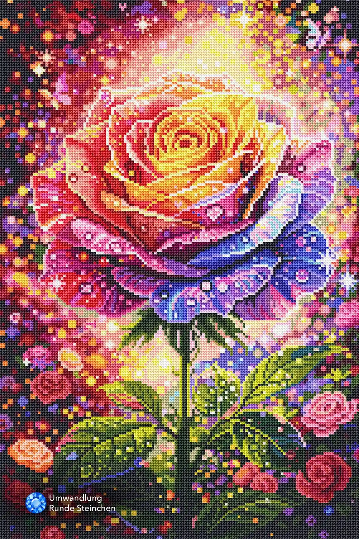 Diamond Painting bunte Rose Elythra mit funkelnden Tautropfen aus runden Steinen