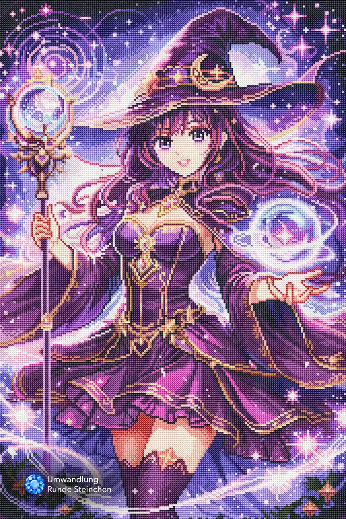 Diamond Painting Set Celestara mit Anime Magierin, Zauberstab und Galaxie-Motiv aus funkelnden, runden Steinchen.