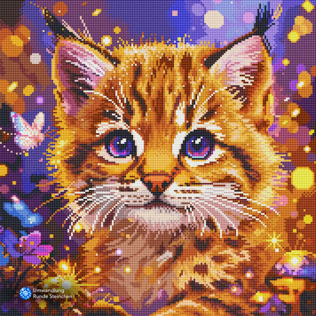 Diamond Painting Set eines niedlichen Luchs-Babys mit Schmetterlingen in magischem Wald-Design, runde Glitzersteine