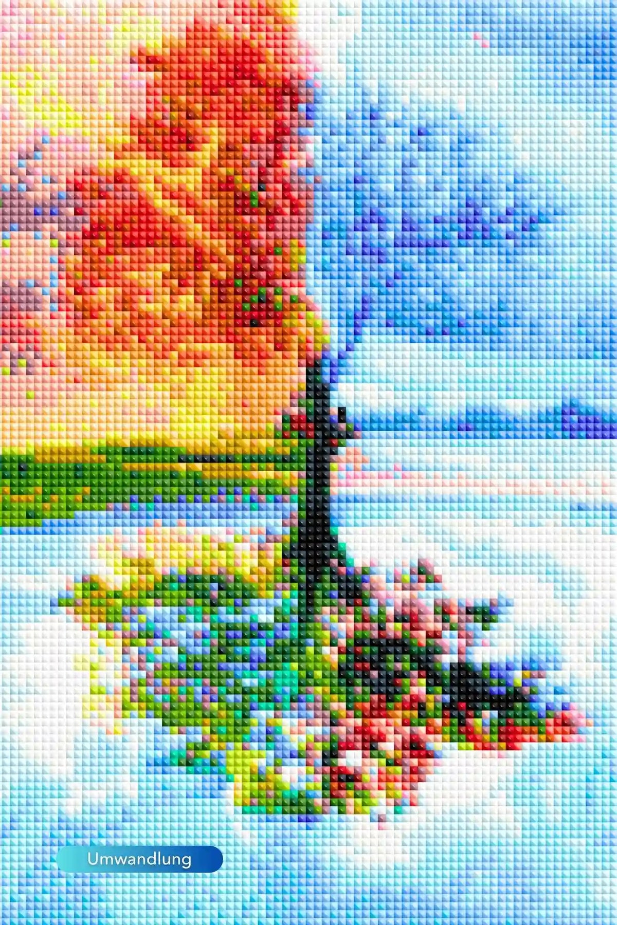 Quadratisches Diamond Painting Set Baum der 4 Jahreszeiten mit bunten Glitzersteinen im Detail.