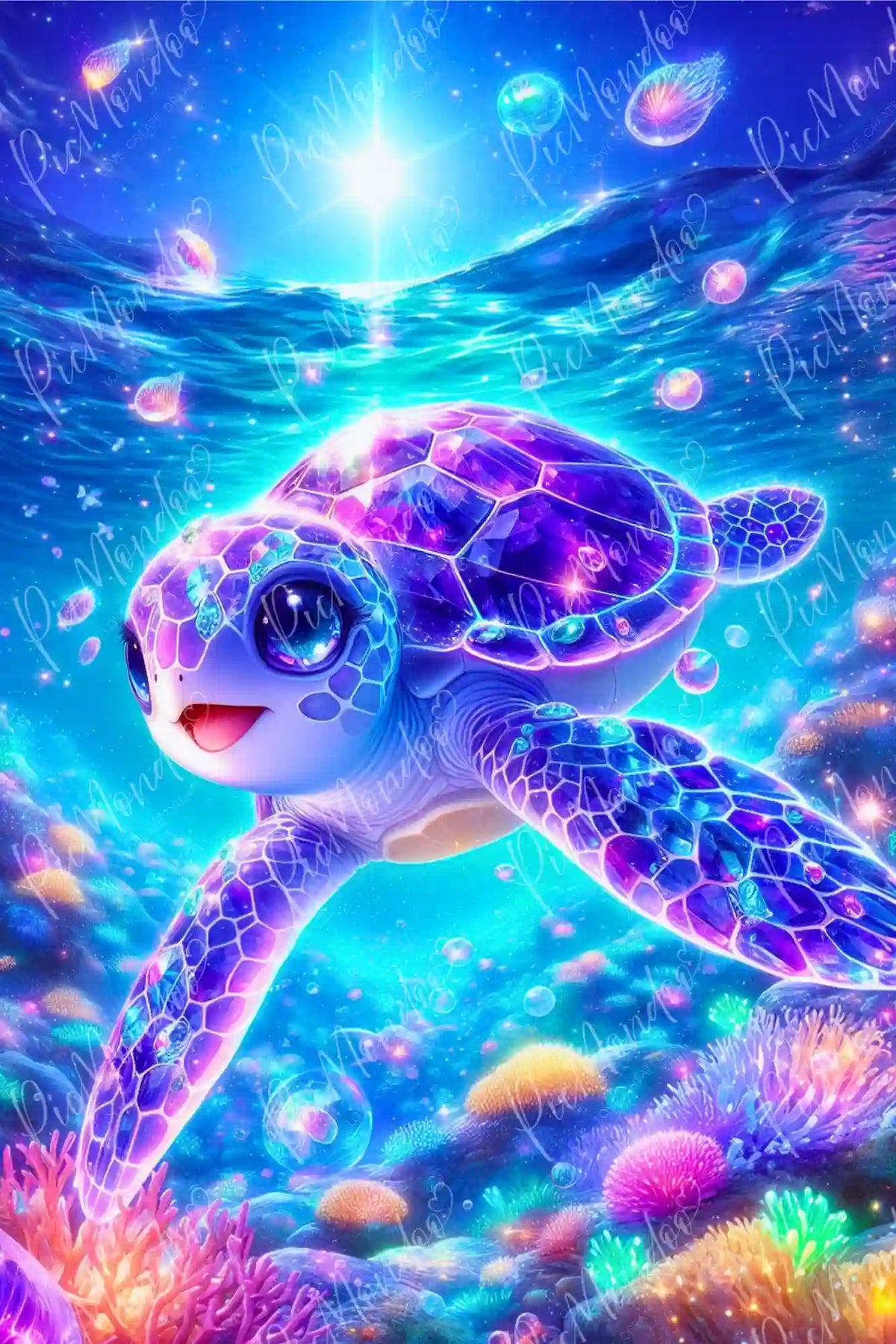 Diamond Painting Sternenschildi: Niedliche lila Schildkröte im leuchtenden Korallenriff unter Wasser
