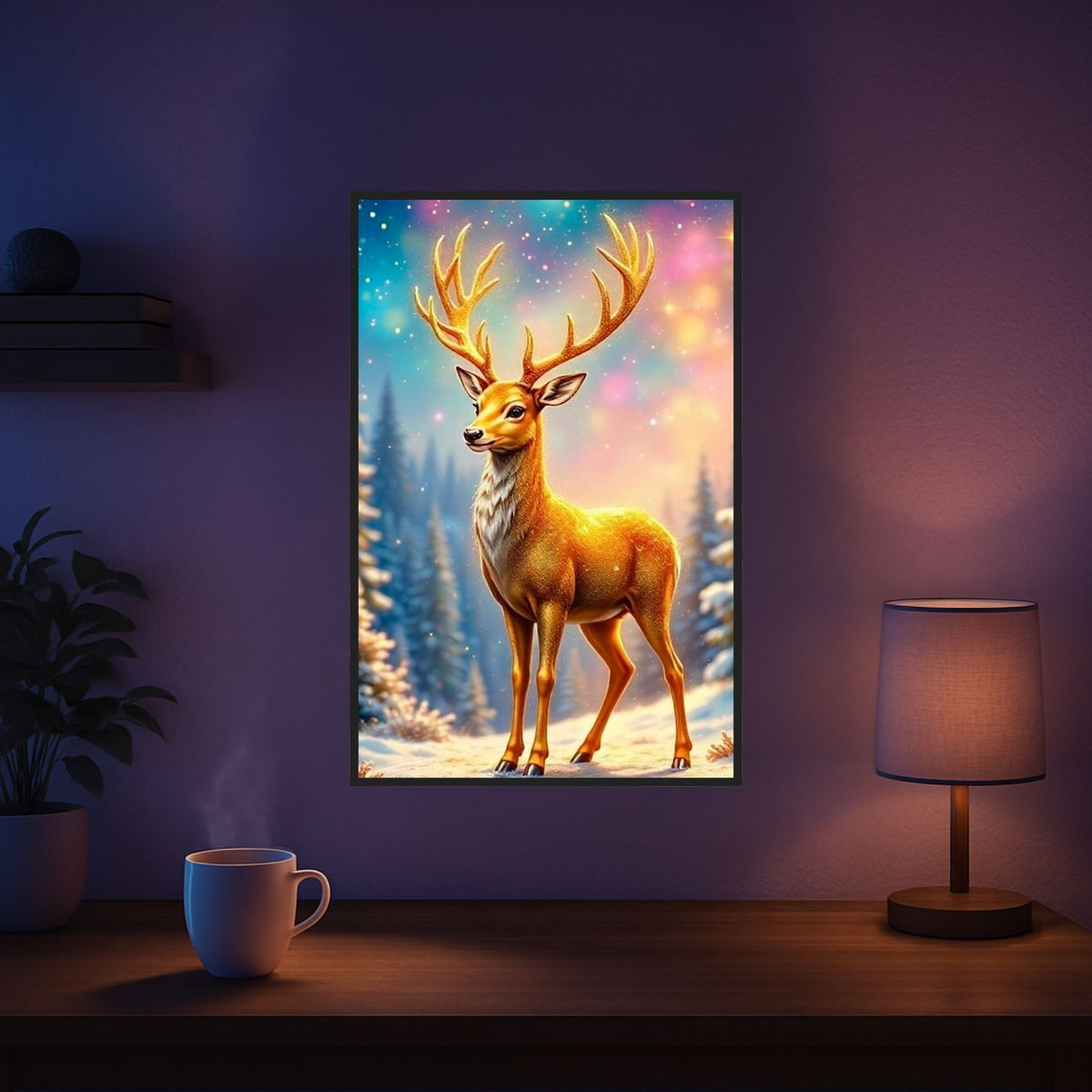 Diamond Painting Goldener Hirsch im magischen Winterwald mit Glitzersteinen als DIY-Set für Erwachsene