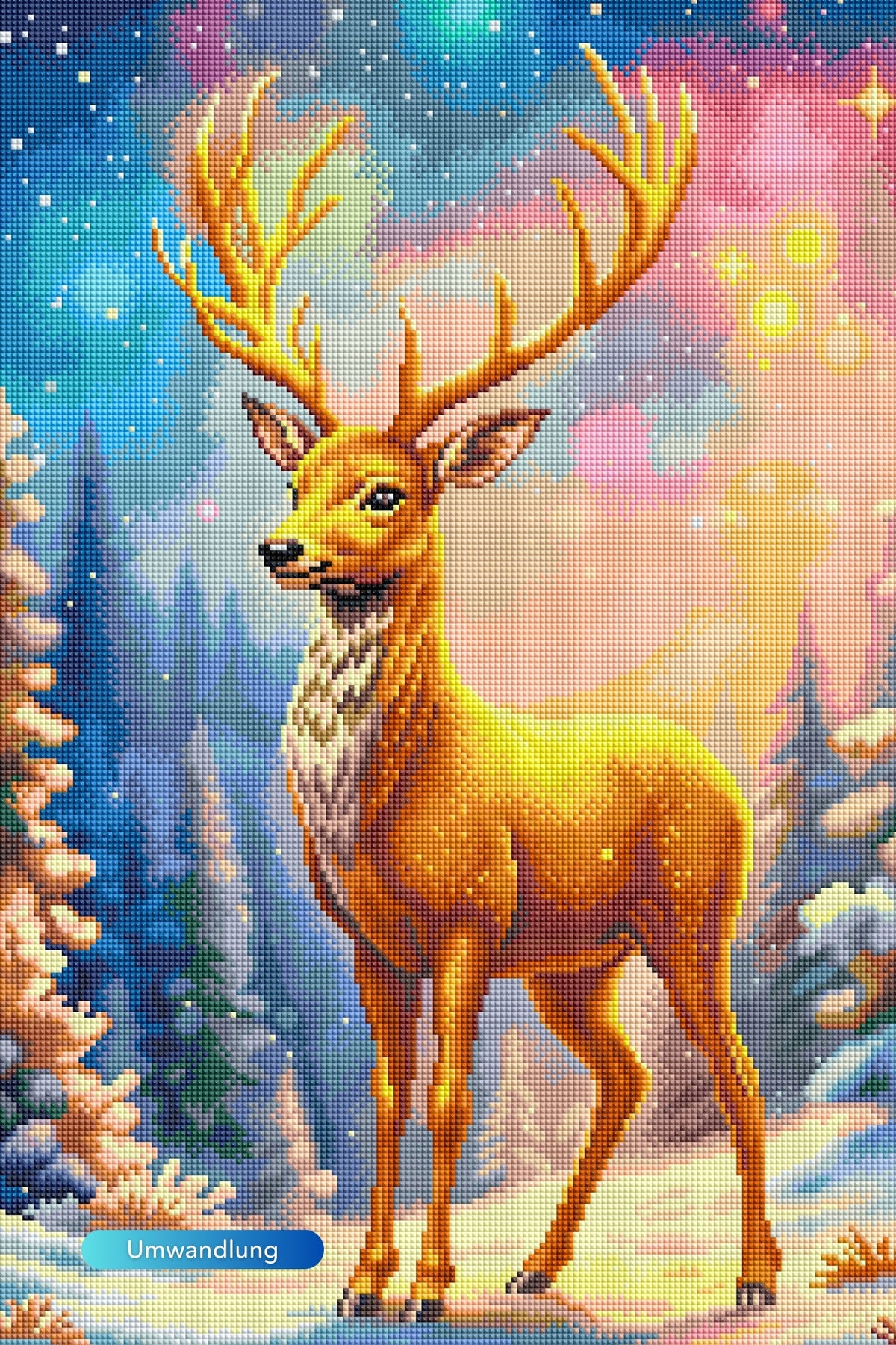 Diamond Painting Set mit goldenem Hirsch vor magischem Winterwald und buntem Sternenhimmel in 40x60cm