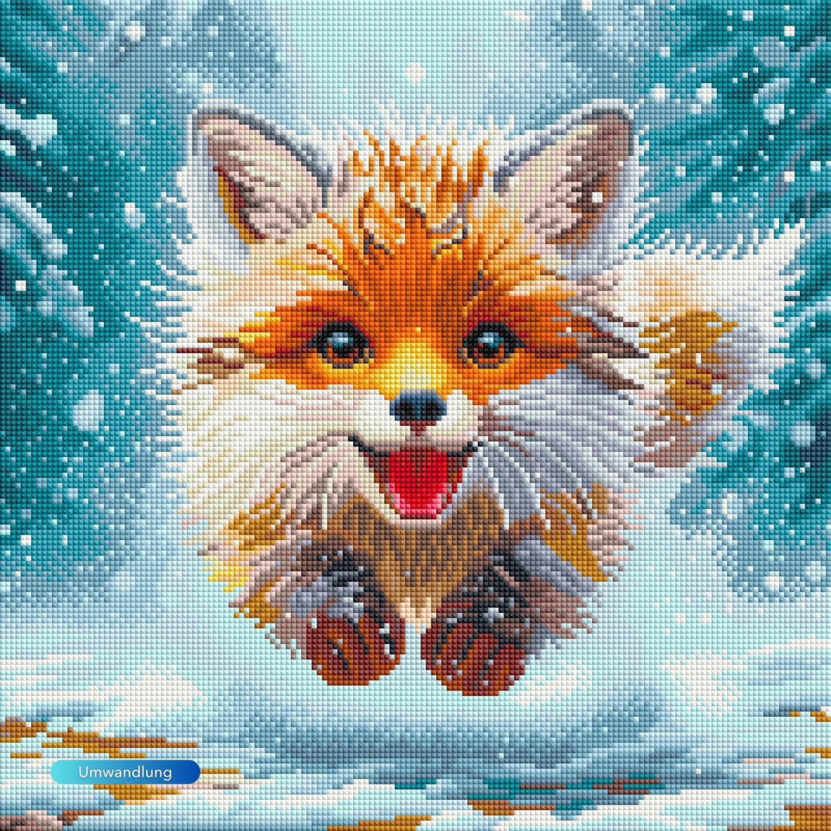 Diamond Painting Set kleiner Fuchs mit rotem Fell im verschneiten Winterwald, detailreiches Glitzer-Mosaikbild.