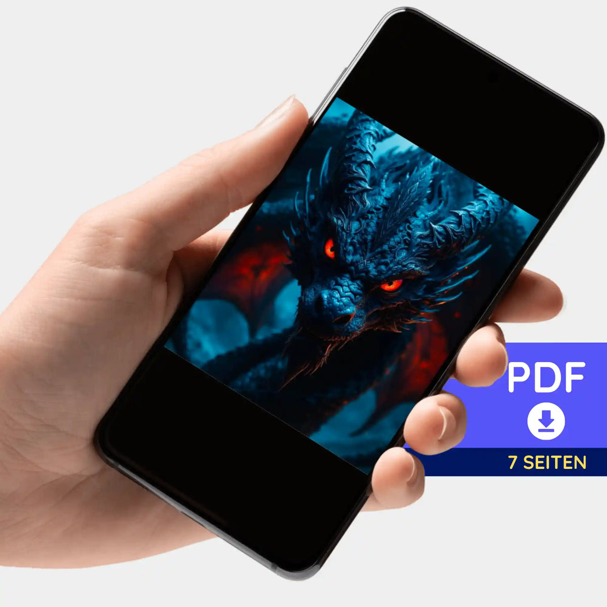 Digitale PDF-Bildmappe mit Drachen-Motiv für Diamond Painting und Malen nach Zahlen auf einem Smartphone