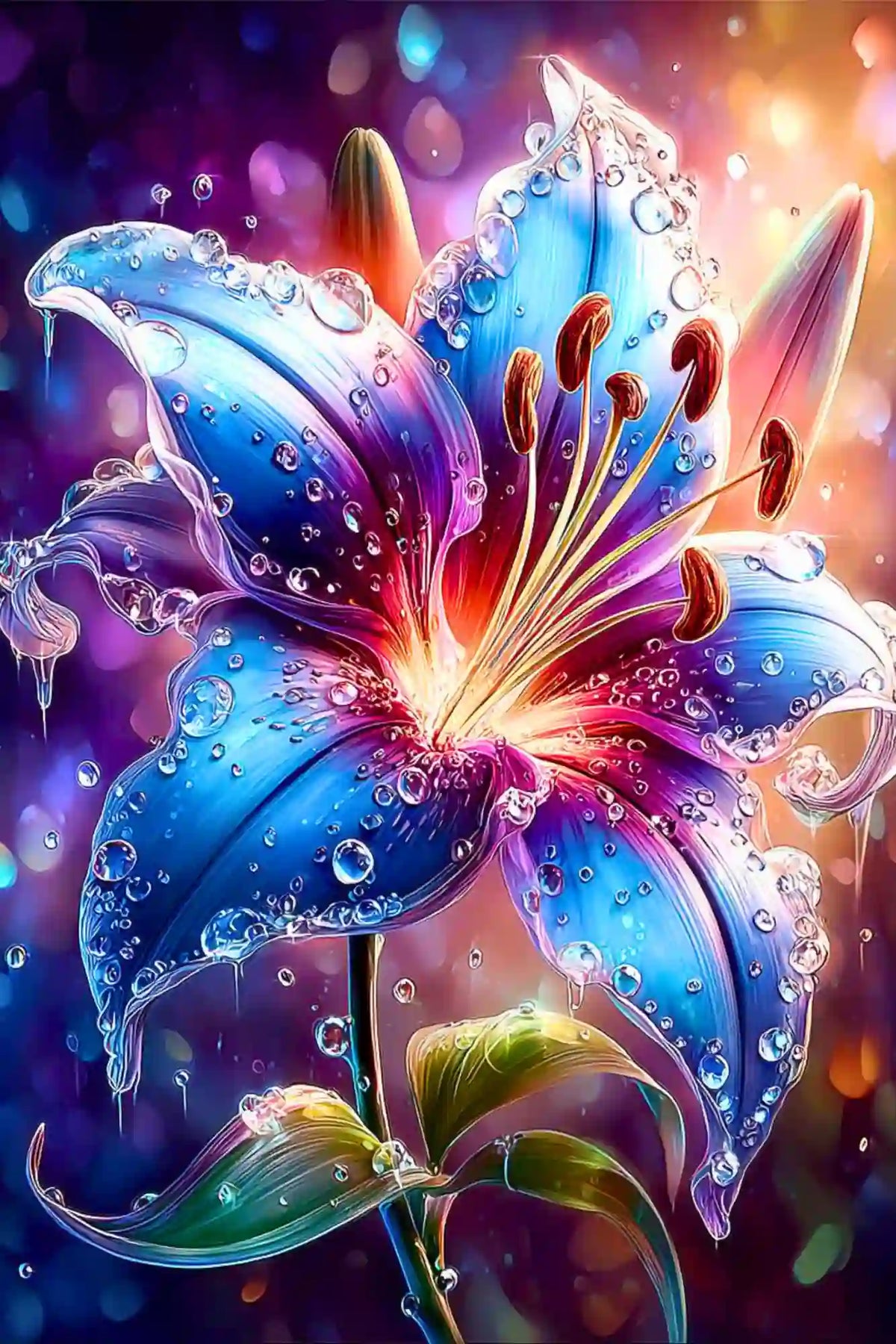 Diamond Painting Set Regenlied mit einer leuchtenden blauen Lilie, Wassertropfen und magischem Schimmer auf der Leinwand.