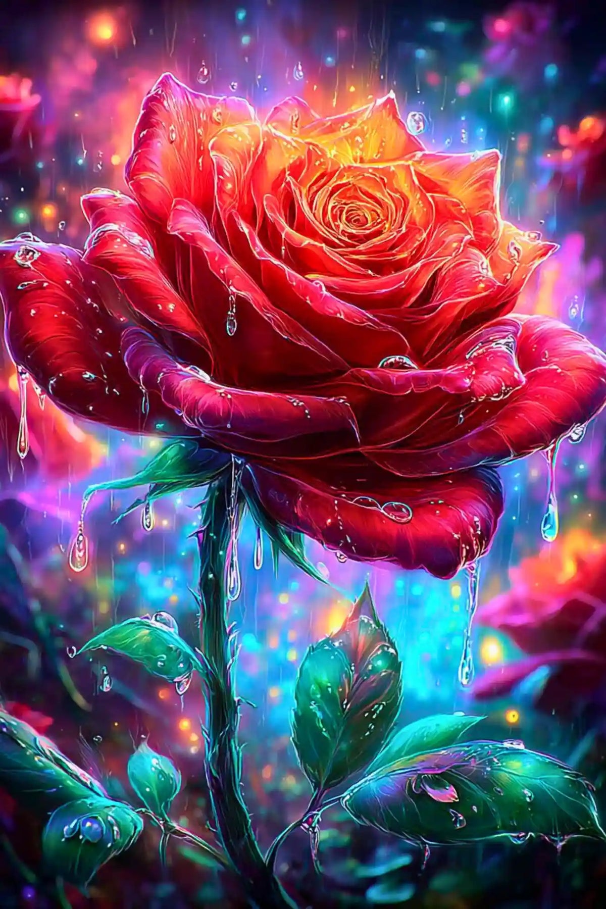 Diamond Painting Set Regentanz mit einer farbenprächtigen roten Rose im Regen und glitzernden Wassertropfen auf Blüten.