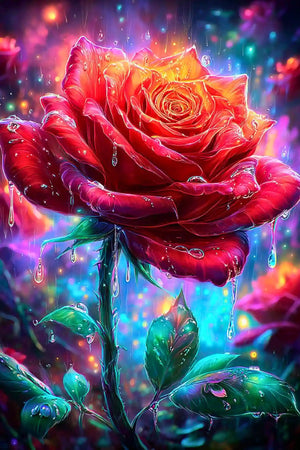 Diamond Painting Set Regentanz mit einer farbenprächtigen roten Rose im Regen und glitzernden Wassertropfen auf Blüten.