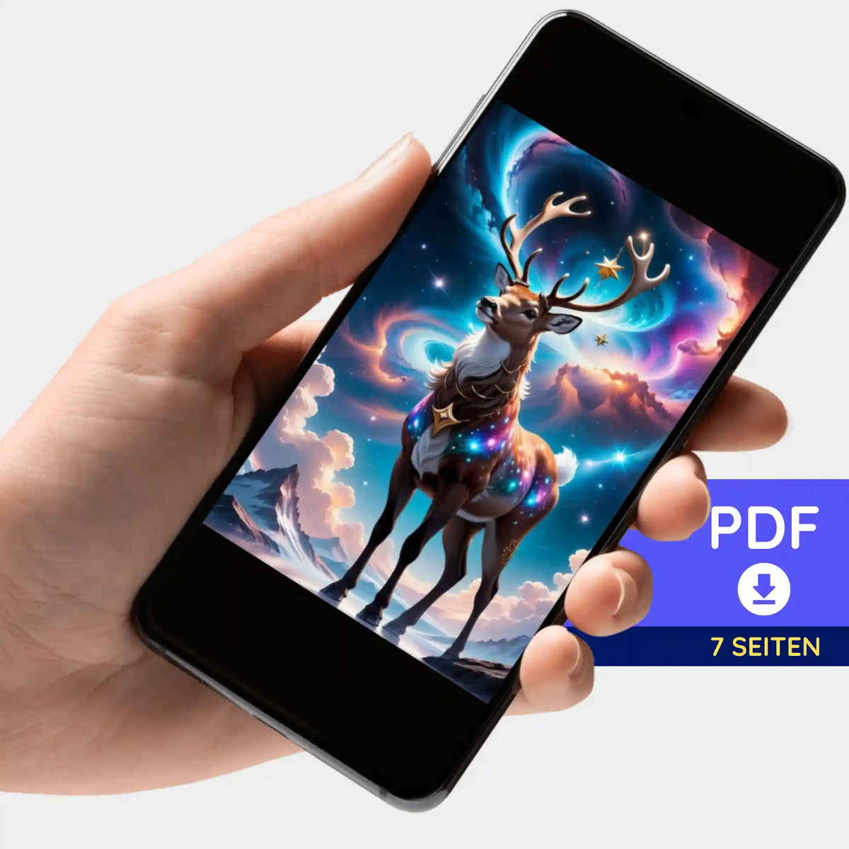 Digitale PDF-Bildmappe Rentier im Abendzauber für Diamond Painting auf einem Smartphone angezeigt.