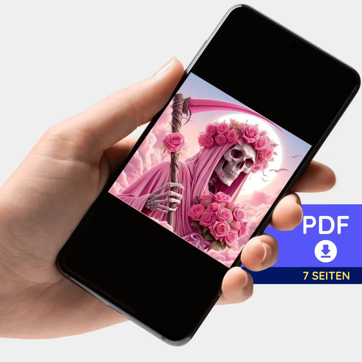 Smartphone mit digitaler 7-Seiten PDF-Bildmappe für Diamond Painting Motiv Rosenträume mit Totenkopf und Rosen