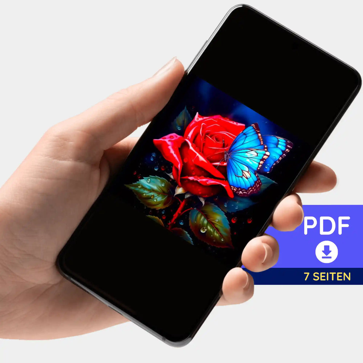 Digitale PDF-Bildmappe mit Diamond Painting Motiv Rote Rose und blauer Schmetterling auf einem Smartphone angezeigt