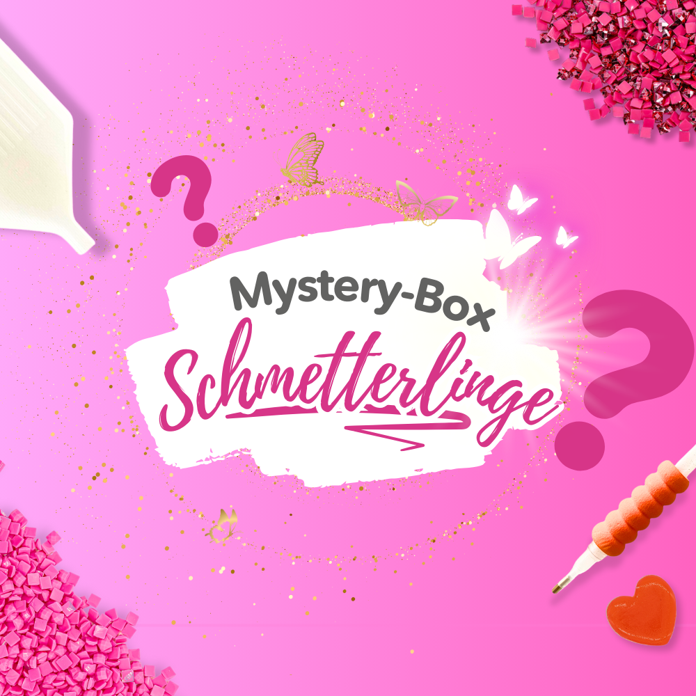 Diamond Painting Mystery Box Schmetterlinge mit pinkem Hintergrund, Glitzersteinen, Applikator-Stift und Set-Zubehör.