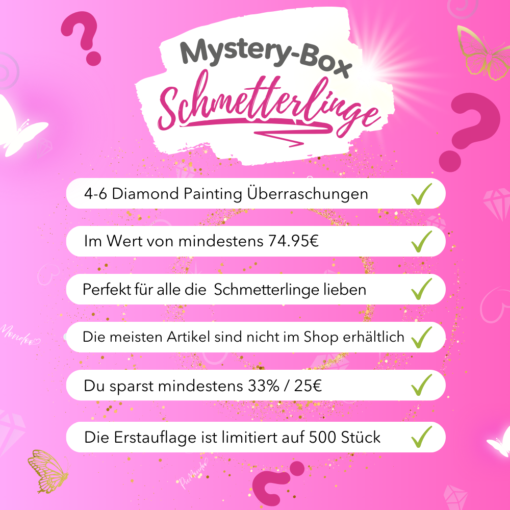 Picmondoo Diamond Painting Mystery-Box mit Schmetterlings-Motiven und exklusiven Überraschungs-Bastelsets