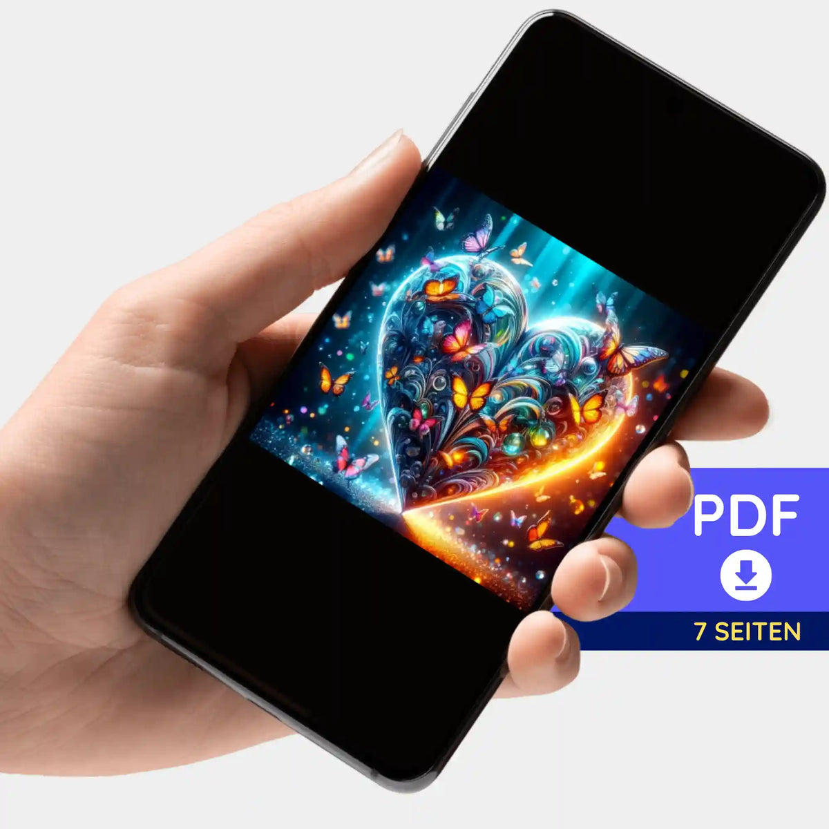 Digitale PDF Bildmappe für Diamond Painting mit Schmetterlingsherz Motiv auf einem Smartphone zur kreativen Gestaltung