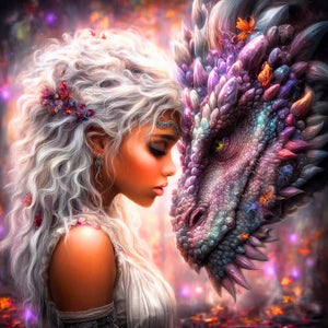 Diamond Painting Seelenbund mit blondem Mädchen und Drache im Fantasy-Stil, 40x40cm Set mit bunten Glitzersteinen