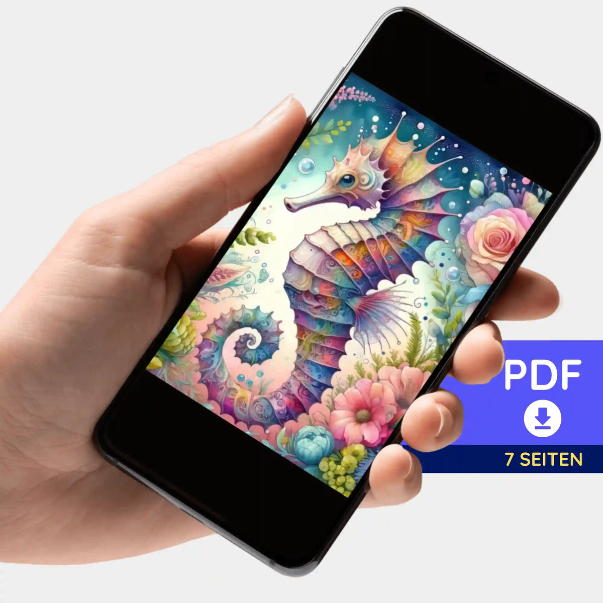 Digitale PDF-Bildmappe mit Seepferdchen-Motiv für Diamond Painting auf einem Smartphone zur kreativen Gestaltung