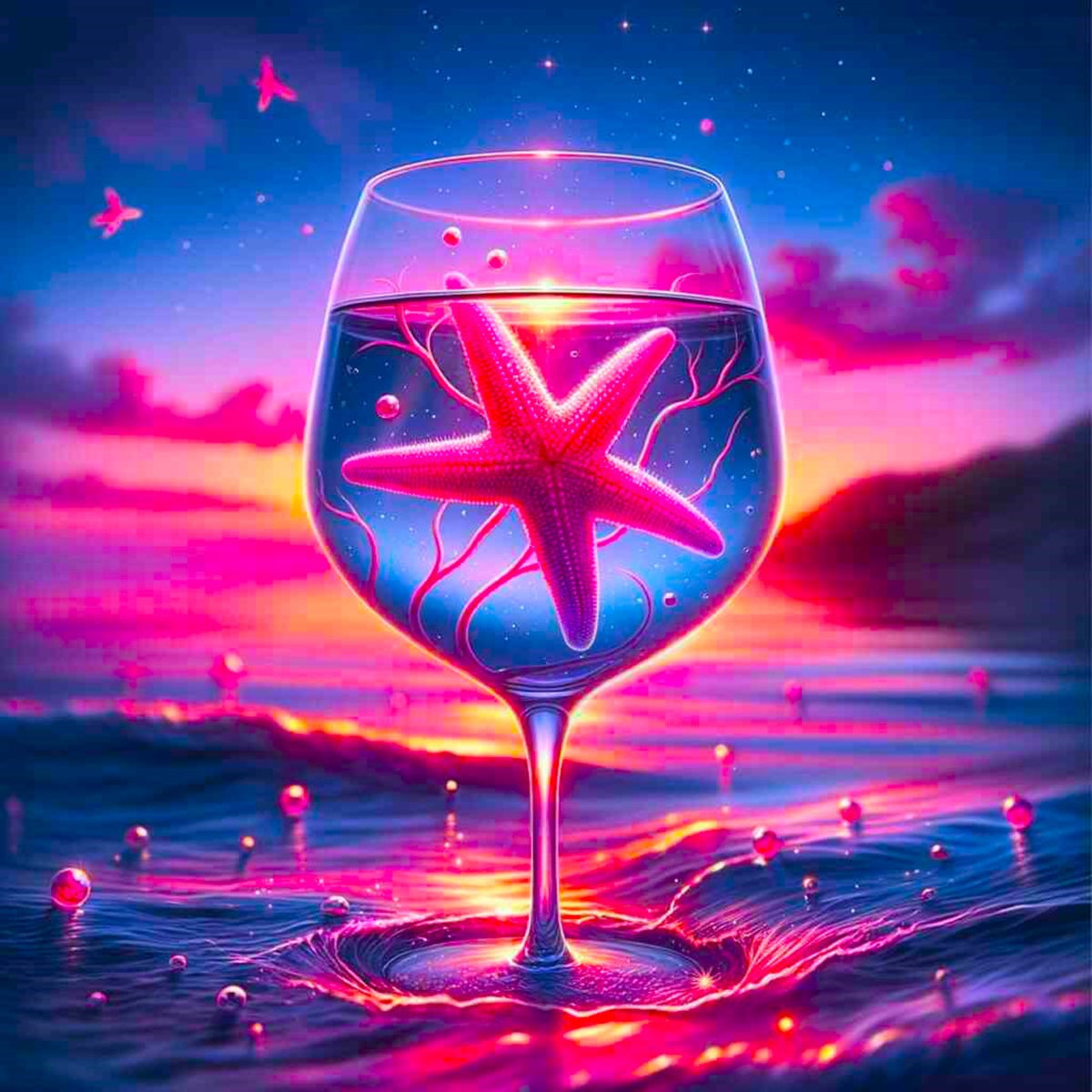 Diamond Painting Seesternzauber: Buntes Fantasy-Motiv mit Seestern im Weinglas vor leuchtendem Sonnenuntergang am Meer.