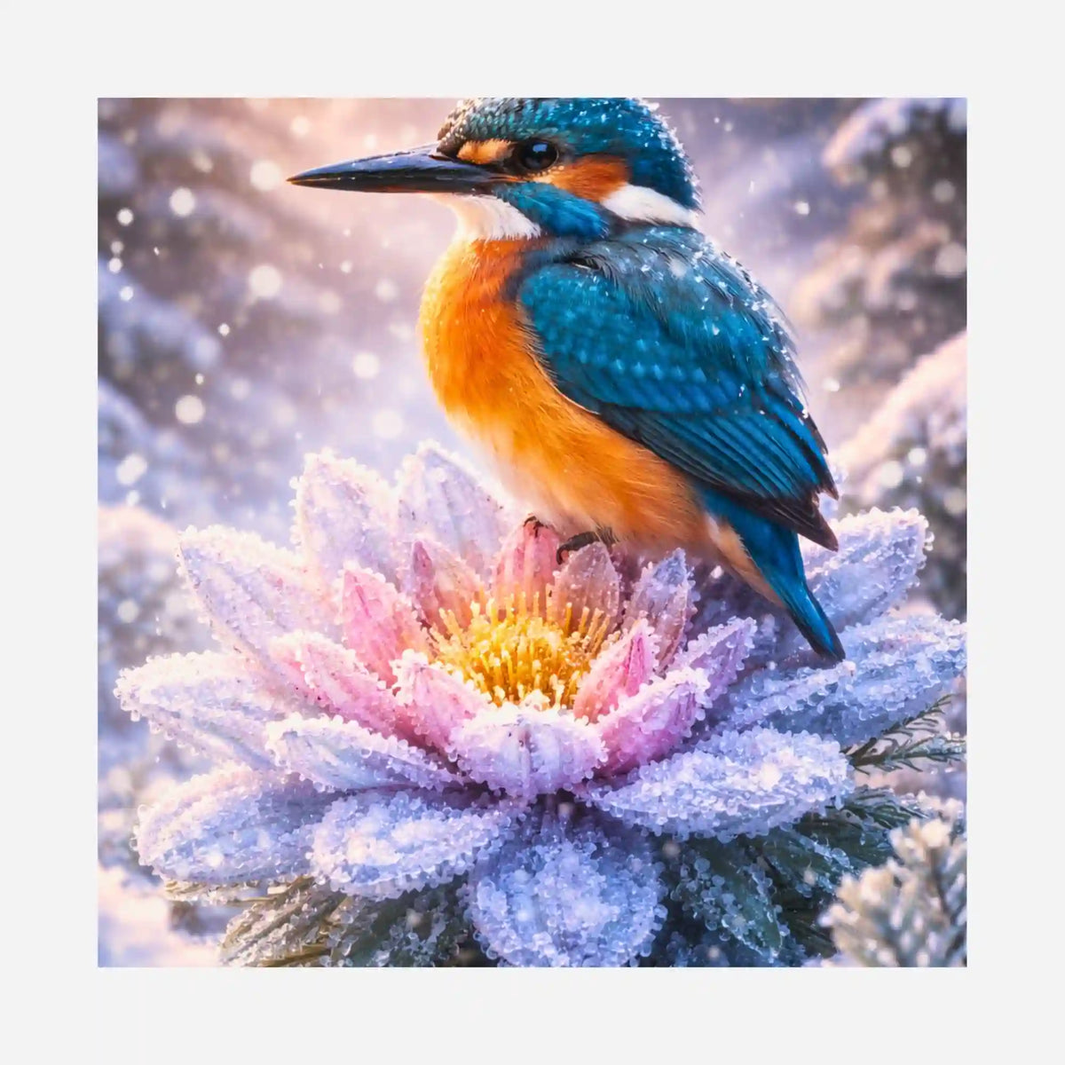 Bunter Eisvogel auf eisiger Seerose im Winter – Diamond Painting Motiv von Picmondoo