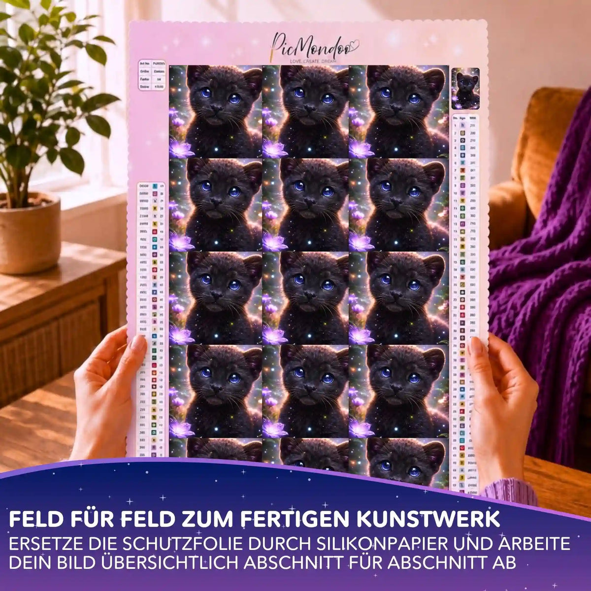 Silikonpapier-Set für Diamond Painting mit schwarzer Katze Motiv zur Einteilung der Leinwand.