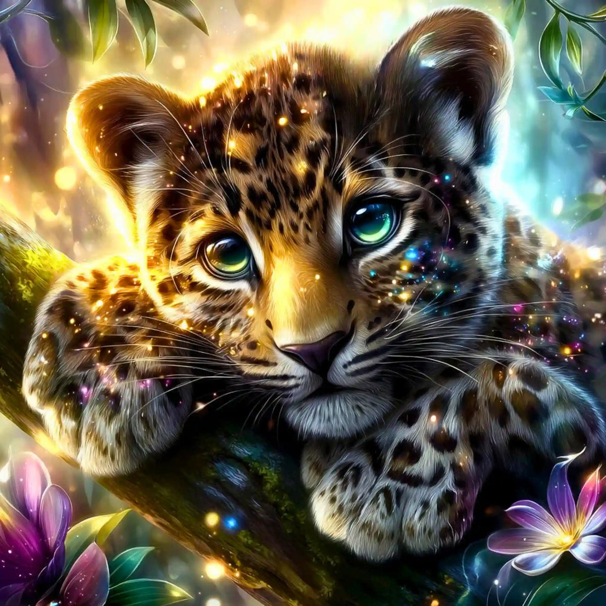Diamond Painting Set Sonnenfunke mit süßem Baby Leopard im goldenen Sonnenlicht zwischen Blumen und Pflanzen.