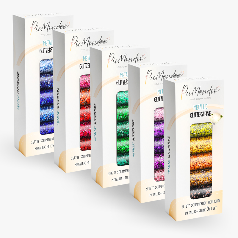 Fünf Picmondoo Metallic-Special Diamond Painting Stein-Sets in verschiedenen schimmernden Farben für kreative DIY-Projekte.